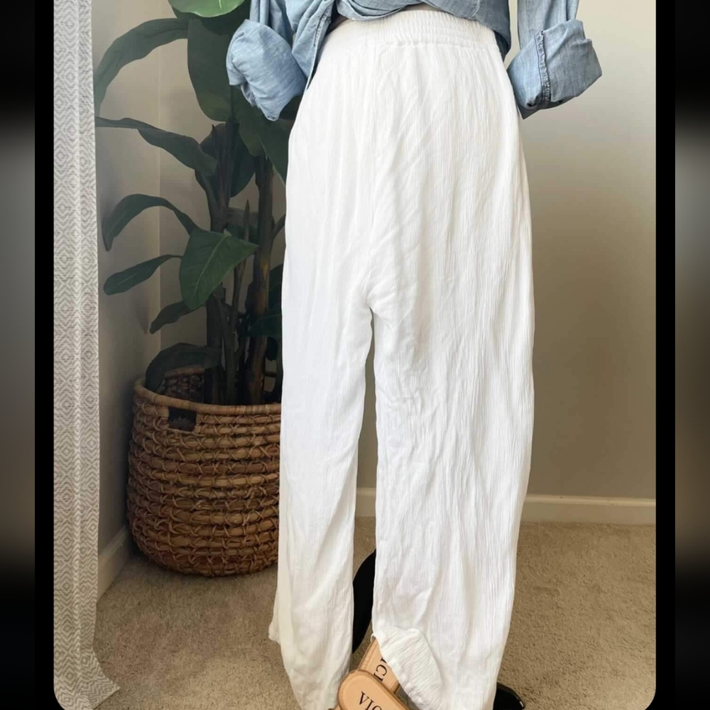 Celina White Gauze Pants Crepe Wide Leg Split Leg Vacation Summer Cover Up S M